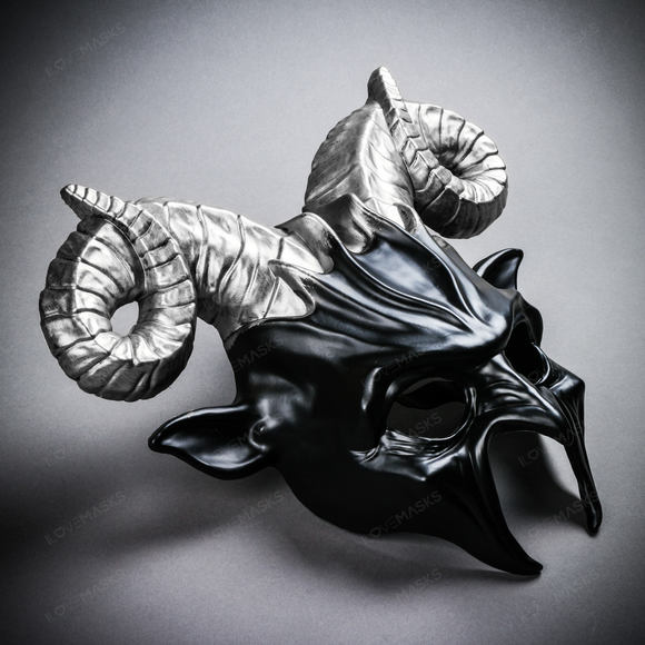 Krampus Ram Demon with Horns Devil Halloween Mask - Black Silver - Picture 6 of 8